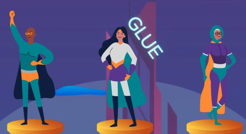 Glue Reply recruitment video showing three superhero characters on pedestals