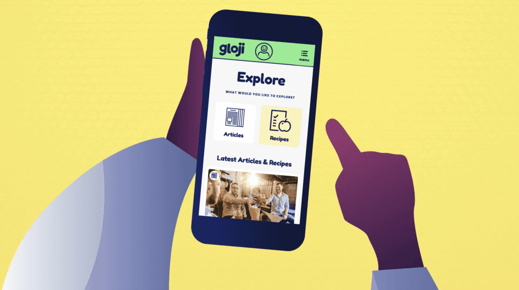 An illustration of a hand holds a phone with a mock-up of the Gloji app visible on the screen