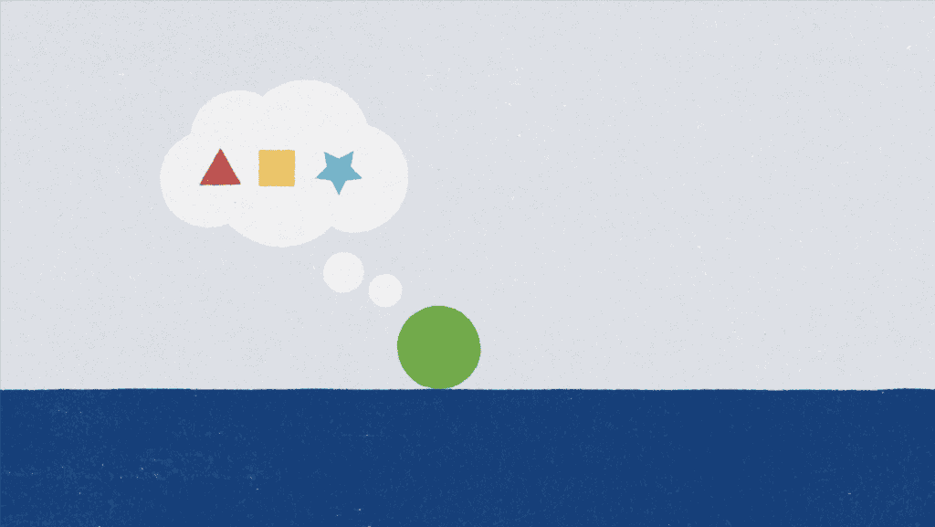 an illustration of a green ball on blue ground, with a thought bubble showing a red triangle, yellow square and light blue star