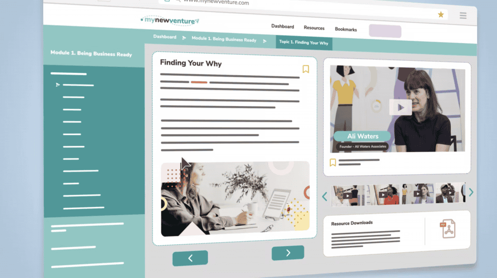 A floating web browser window shows the My New Venture platform slide layout, with text, video and resources