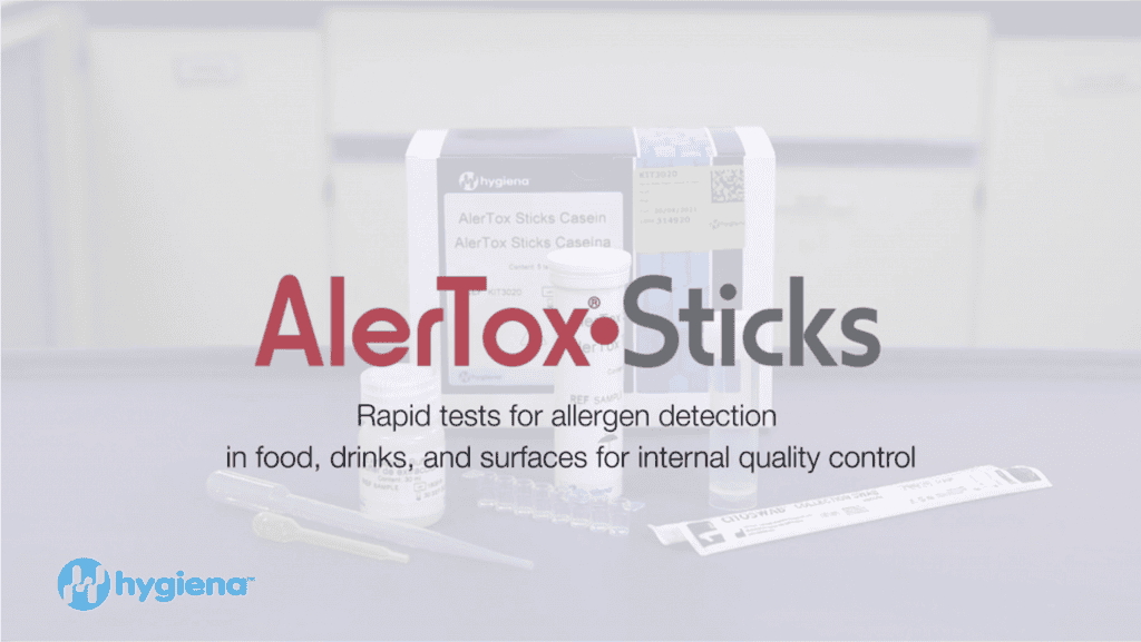 The AlerTox Sticks logo sits on a semi-opaque white overlay behind which is a photo of the contents of the allergen testing kit
