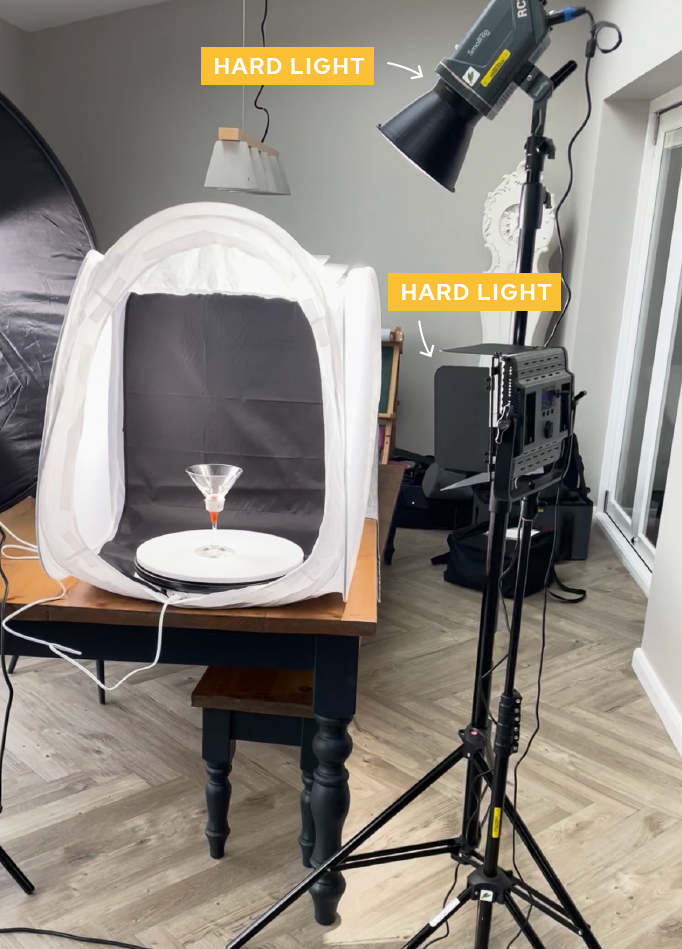 product shoot lighting rig with annotations for each light