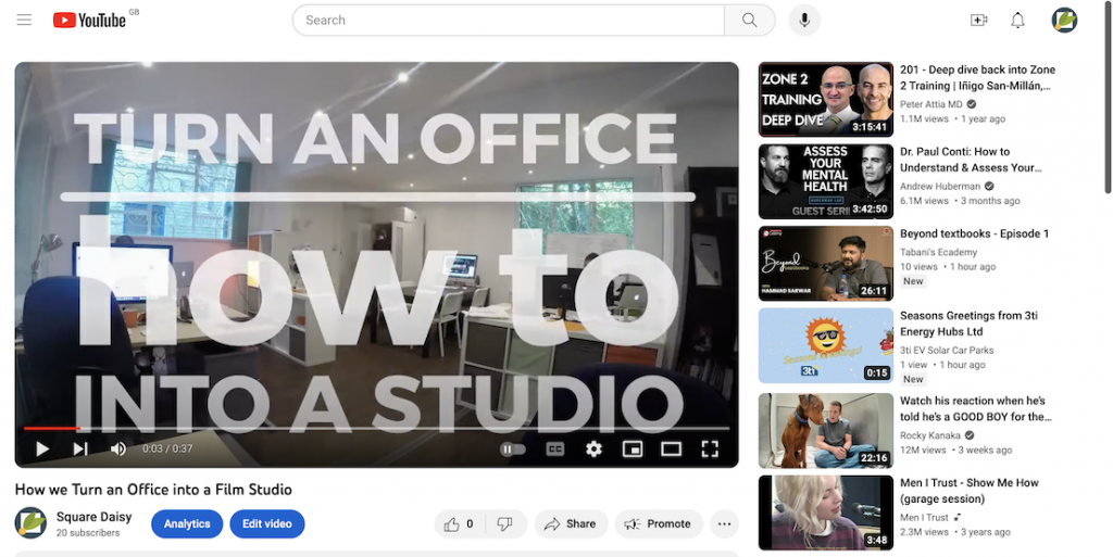 Screenshot of a good descriptive thumbnail for a video on turning your office into a studio