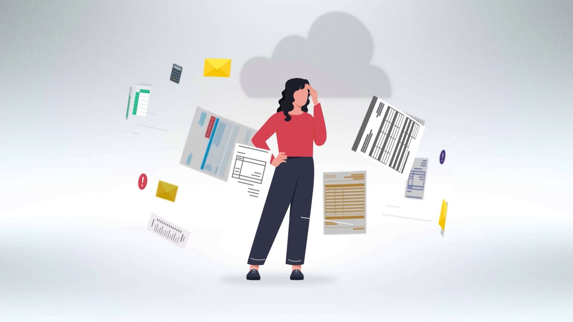 woman surrounded by a whirlwind of documents, invoices, emails and alerts