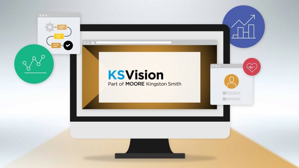 animated video screen with mock up of KS Vision software and icons representing finance