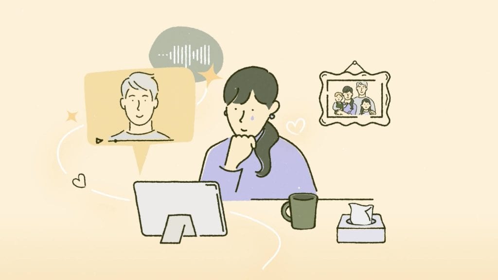 cartoon woman with a happy tear running down her cheek watches an ipad with a cup of coffee and box of tissues