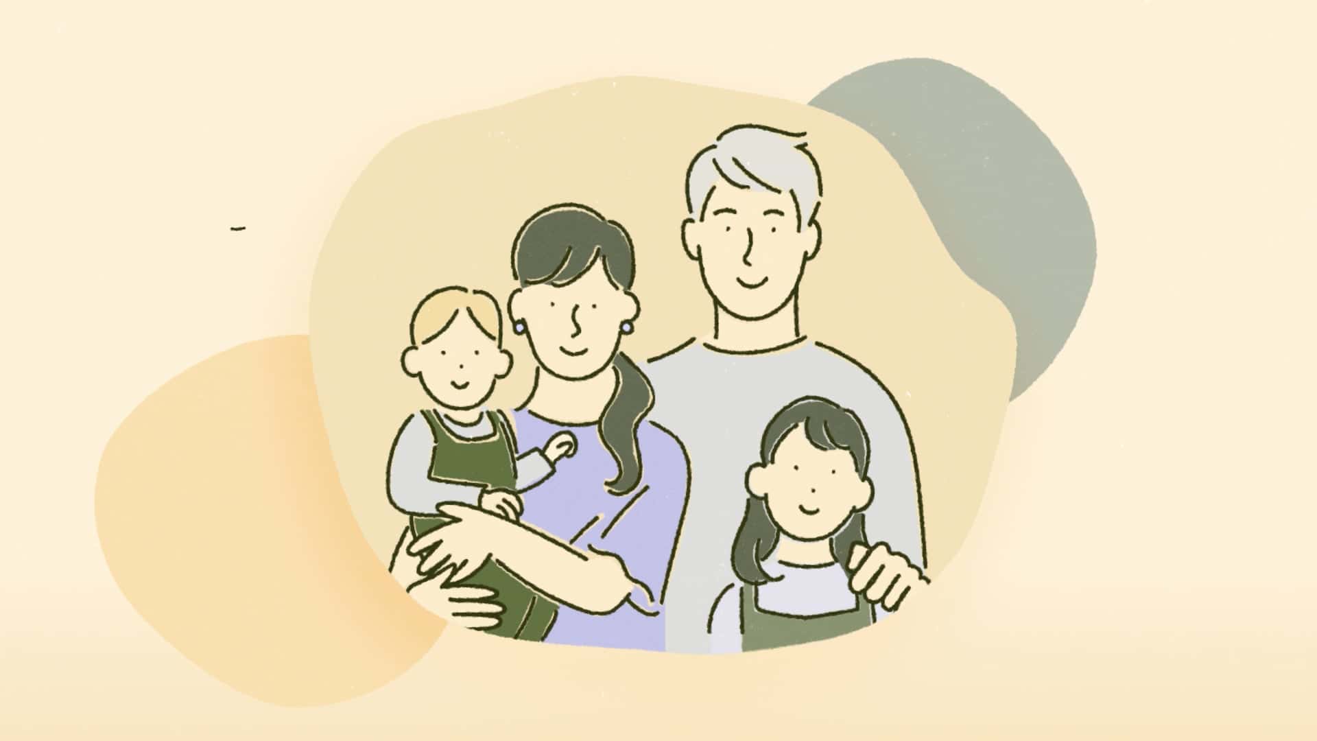 cartoon family of four consisting of mother, father, child and toddler