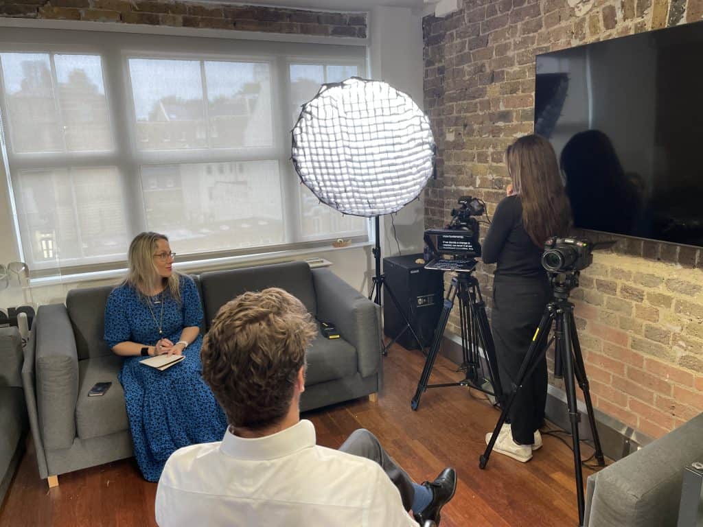 Filming set up with autocue and two cameras