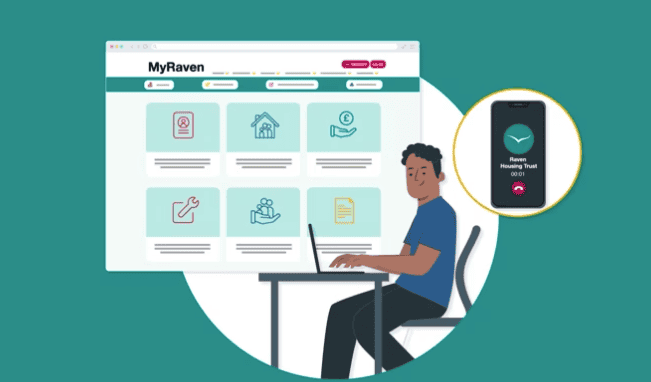 Illustration of someone at a computer reporting a repair request