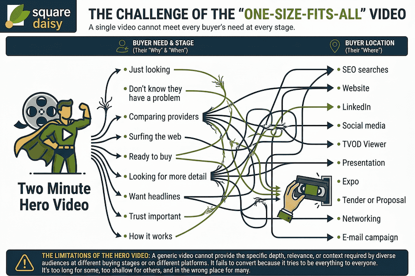 A detailed framework of our video marketing system showing who we are targeting, at what stage and with what content