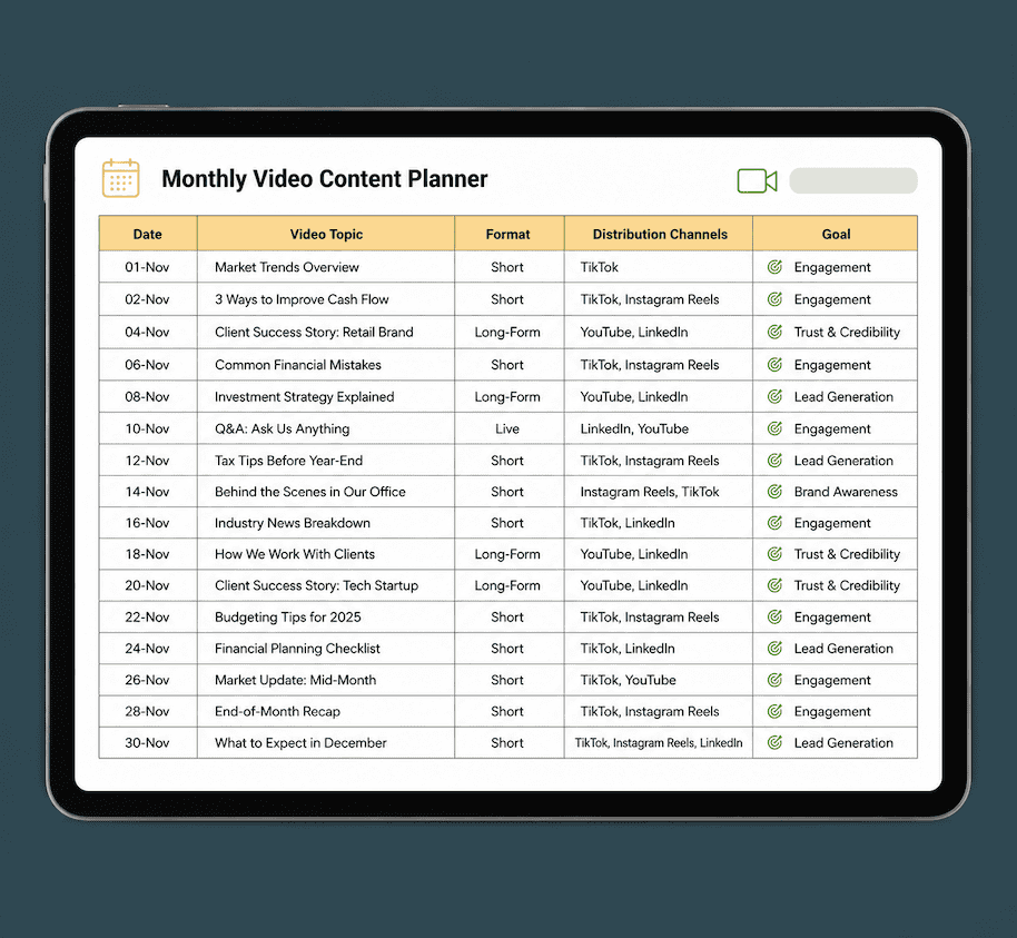 Monthly video content planner illustrating an always-on business content schedule